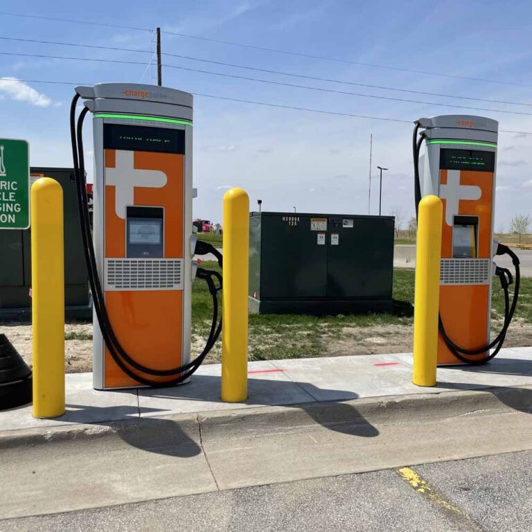 ChargePoint EV charging stations installed in a commercial lot in Colorado, highlighting benefits of EV infrastructure