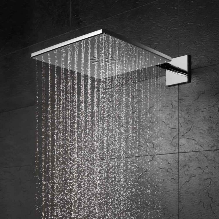 Low flow rainfall shower head installed in a modern Colorado bathroom