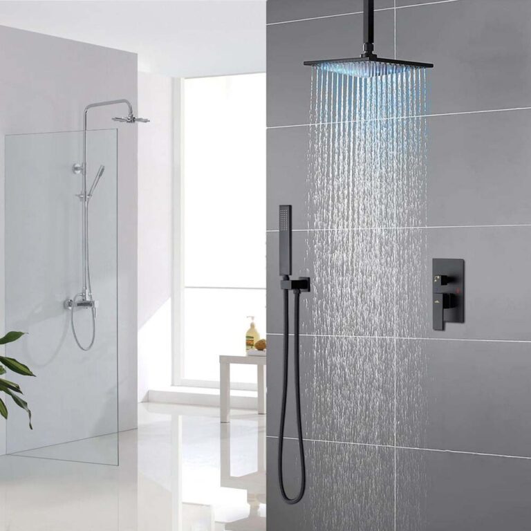 Low flow rainfall shower head installed on a wall in a modern Colorado bathroom
